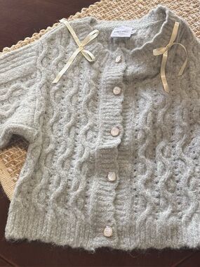 Kori Light Gray Cable Knit Cardigan with Ribbon Detail